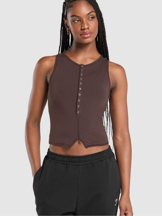 Gymshark Tops - Gymshark Brown Snap-Front Sleeveless Crop Top